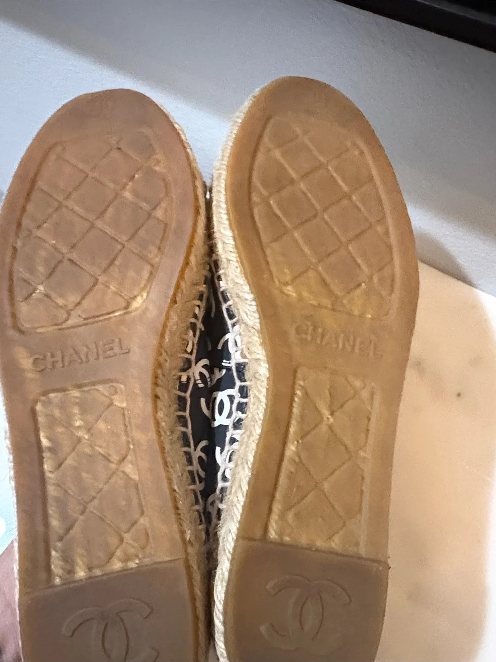CHANEL Black Espadrilles with White CC Logo Print